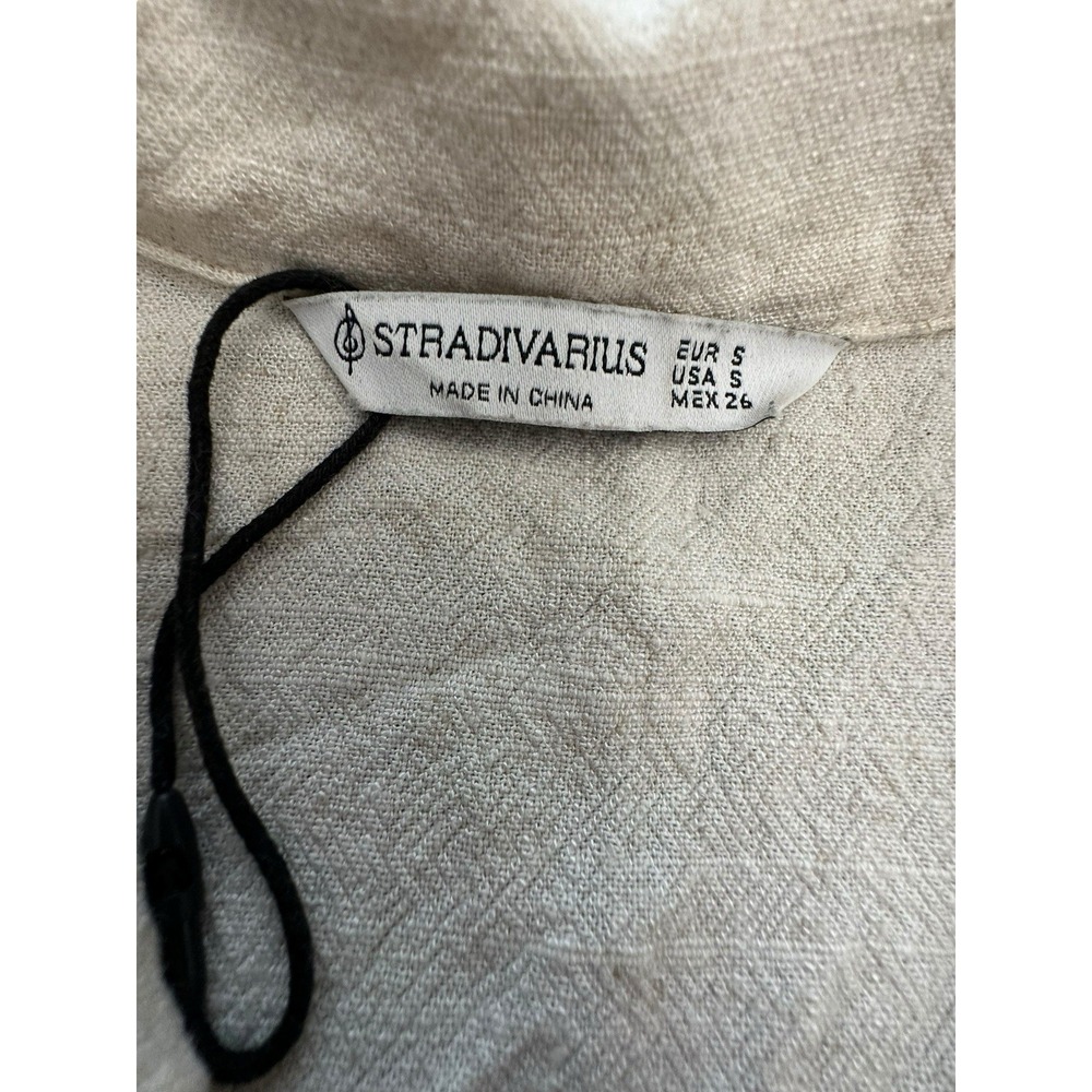 Stradivarius Top Womens Small Linen Blend Short Sleeve Boxy Shirt Flax #U3 View 2